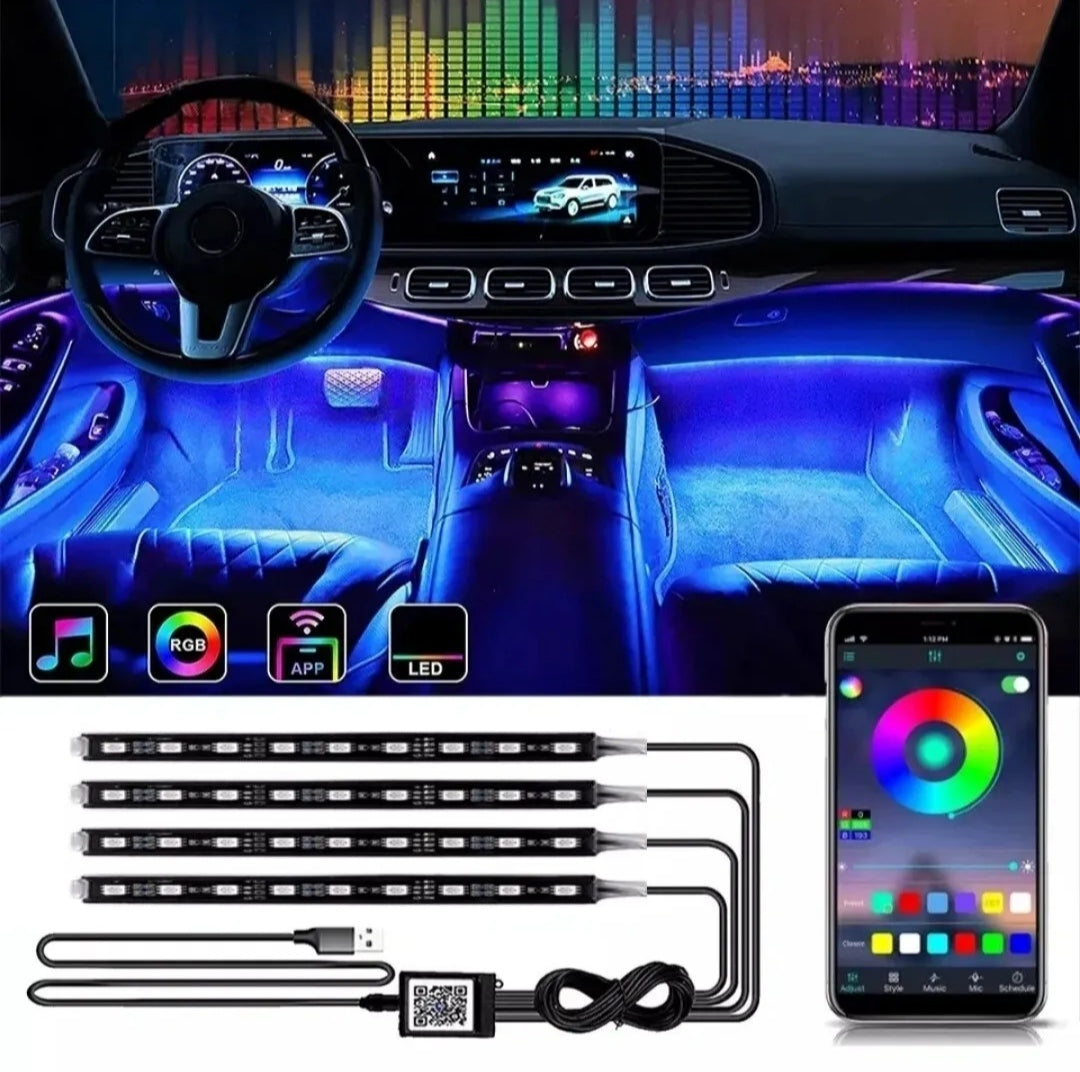 STRISCIA INTERNI AUTO VANO PIEDI 36 LED APP RGB LUCI ATMOSFERA AMBIENTE USB 5V