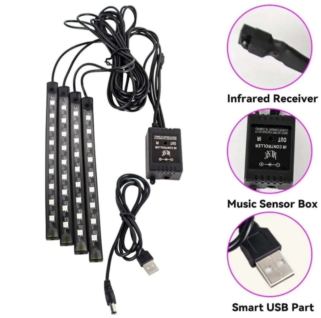 STRISCIA INTERNI AUTO VANO PIEDI 36 LED APP RGB LUCI ATMOSFERA AMBIENTE USB 5V