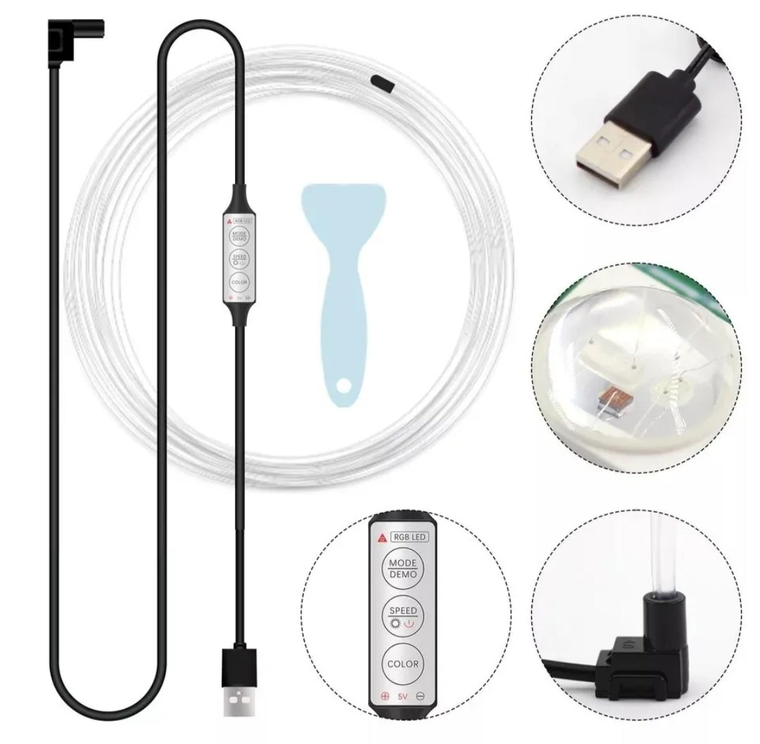 STRISCIA INTERNI AUTO LUCI LED ATMOSFERA AMBIENTE RGB FIBRA OTTICA USB 4 METRI