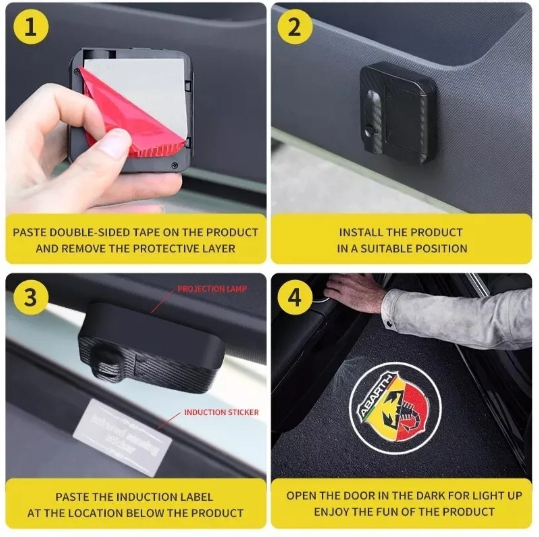 2 PROIETTORI LOGO ABARTH GRANDE PUNTO LED PORTIERE SOTTOPORTA