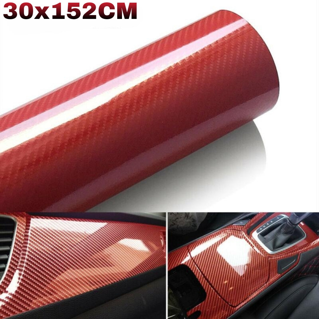 Pellicola Adesiva Trama Carbonio Rosso 5d Lucido 30x100Cm Wrapping Auto Moto In Vinile